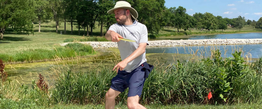 Disc Golf at Skyview Park on the sidewalk near the lake